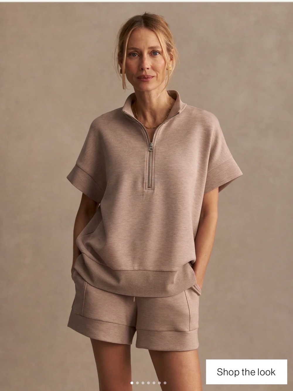 Varley Ritchie Short-Sleeve Half Zip Sweater in Taupe Marl